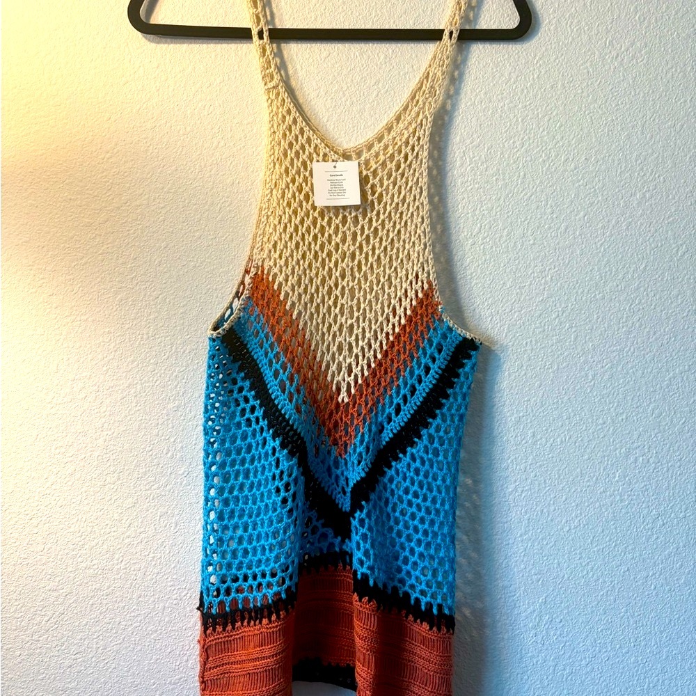 Stylish Crochet Swim Coverup - Cream, Blue, and Brown